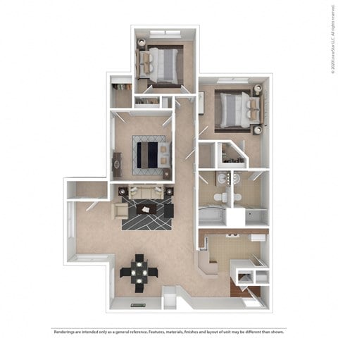 Floor plan for 3 beds, 2 baths, 1217 sqft